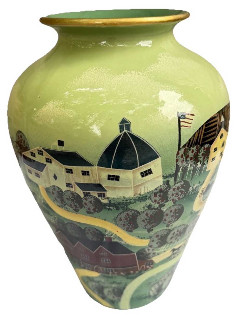 American Folk Art Pottery Vase  11” Rustic Country Farm Green Glossy Horse‎ Flag